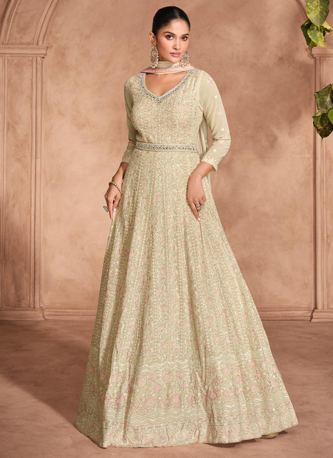 Georgette Biege Party Wear Chikankari Embroidery Work Readymade Gown With Dupatta